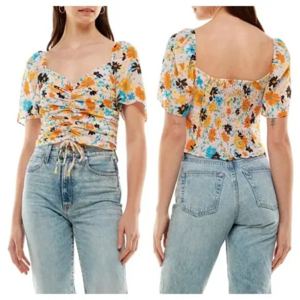 WAYF Top Secrets Kept Cropped Crinkle Ruched Sweetheart Neckline Womens Medium